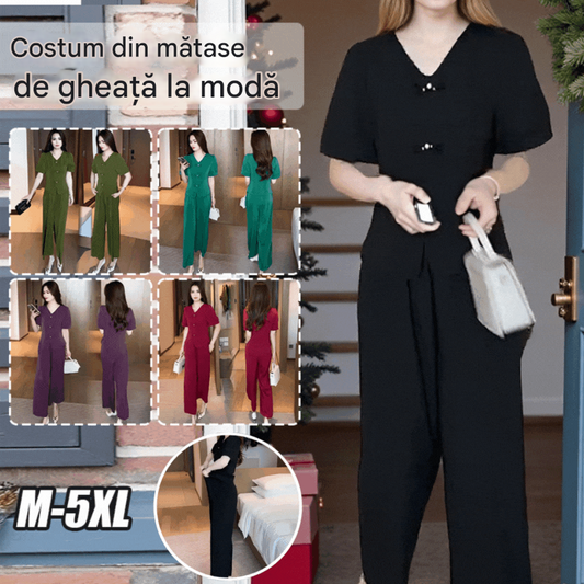 🌸【Top + pantaloni cu picioare largi】Costum de mătase de gheață la modă